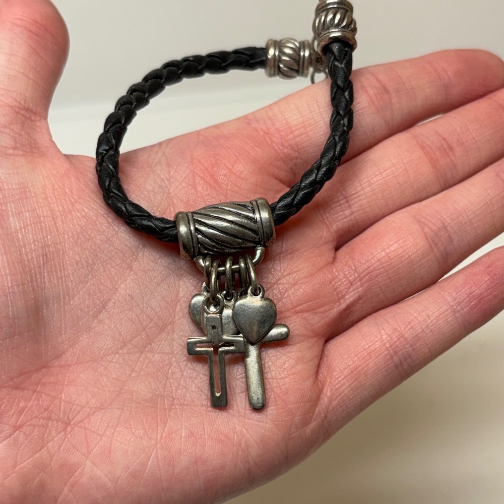 Black Braided Cord Charm Bracelet Silver Tone Cross and Heart Religious